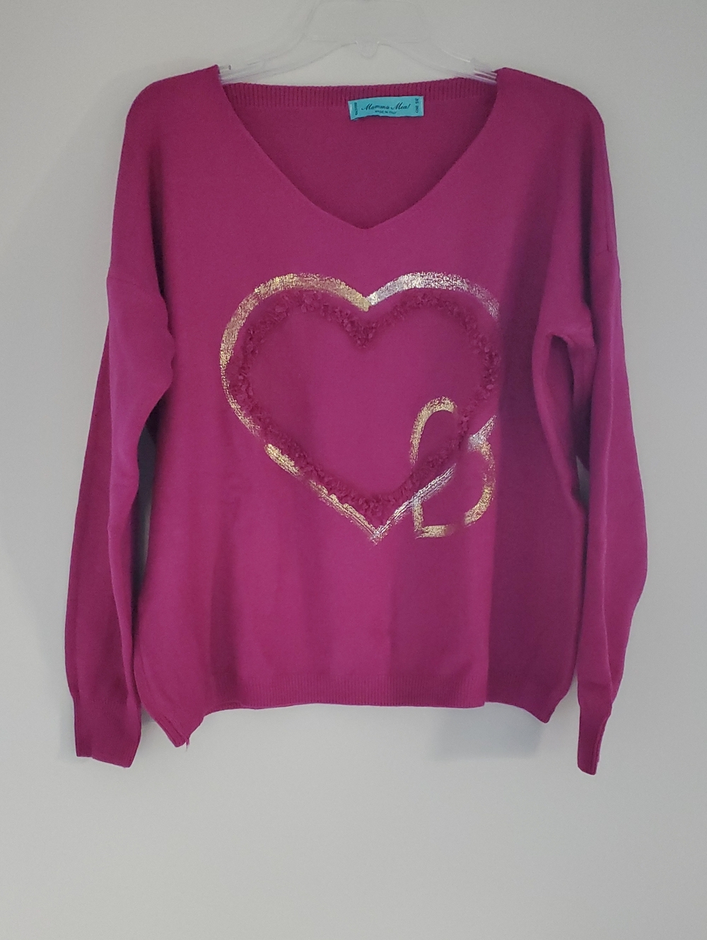 V-Neck Heart Sweater in Fuchsia with Gold Detail